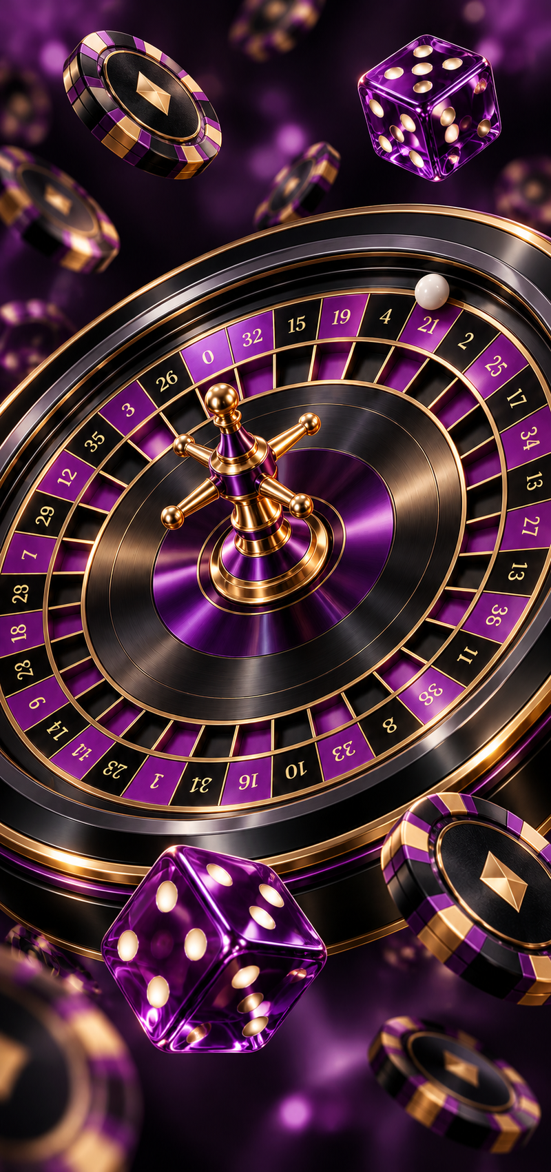 Purple and gold roulette wheel, dice and casino chips for an iGaming operator’s 2.5× affiliate network growth case study with Trackdesk
